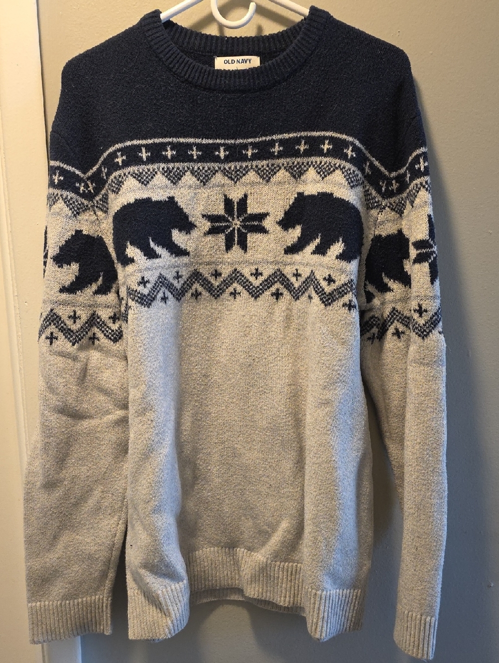 Old Navy Men's Navy and Cream Bear Fair Isle Crewneck Sweater